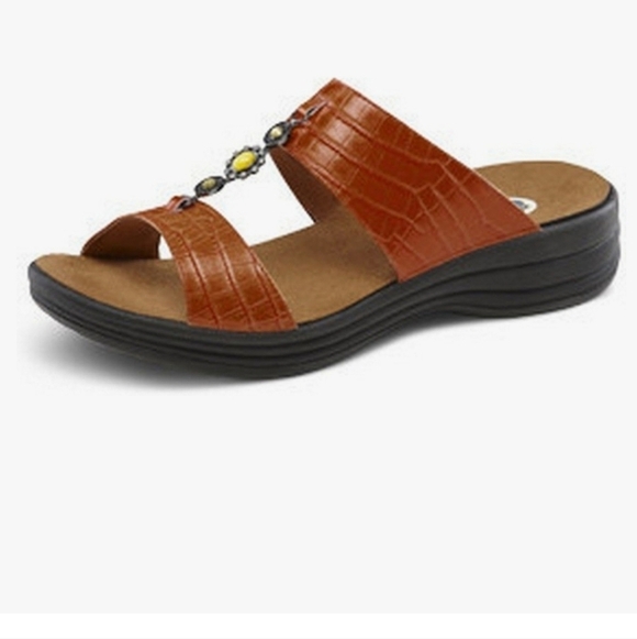 [Dr. Comfort] Womens Brown Sharon Embellished Faux Croc Slip On Sandals Size 7 - Picture 1 of 5